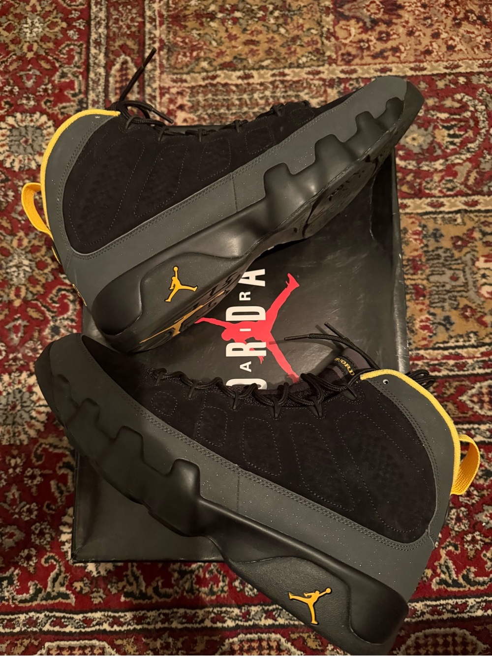 Jordan 9 Retro Dark Charcoal University Gold - in Black and Yellow